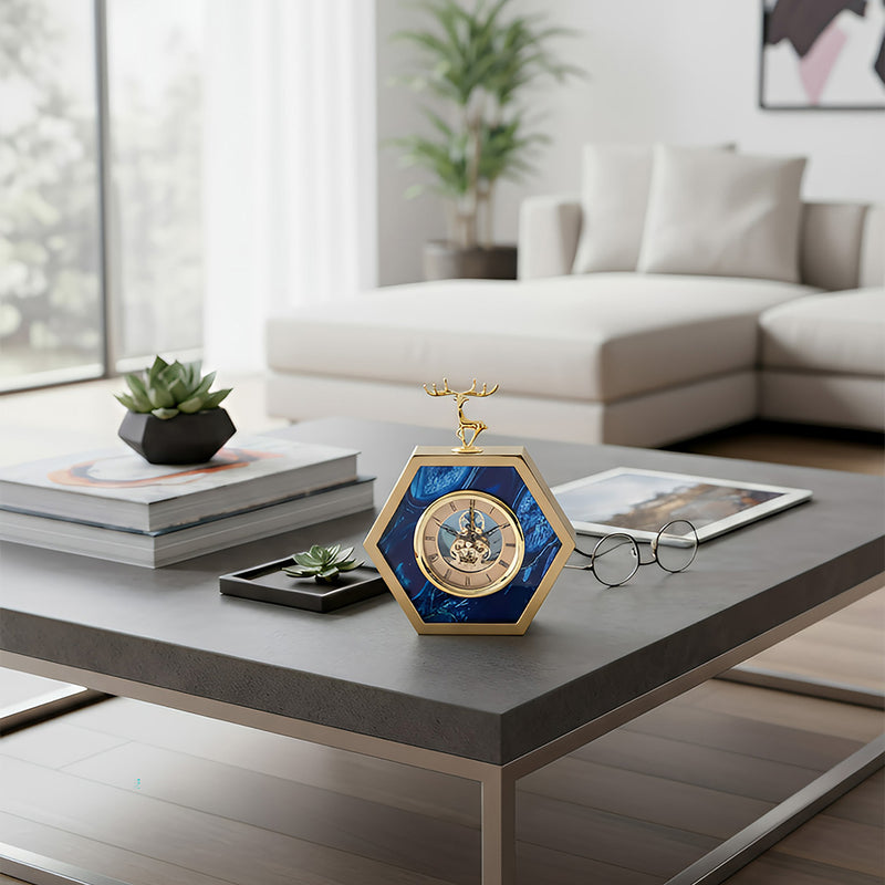 ANYHOUZ 23cm Hexagon Gold Desk Clock with Deer Head Tabletop Home Decor Modern Art Living Room Display House Decorative Crafts Metal Ornaments