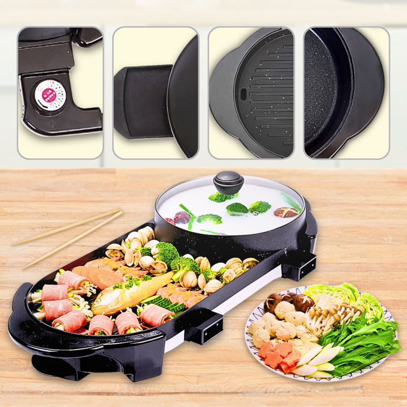 2 in 1 Electric Non-Stick BBQ Teppanyaki Grill Plate Steamboat Hotpot 2-8 Person