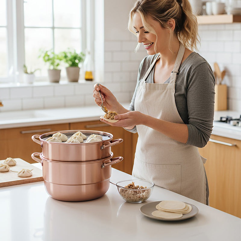 Anygleam Food Steamer Rose Gold Three Layer Thick Stainless Steel Universal Cooking for Induction Cooker Gas Stove Steam Pot