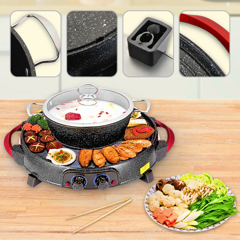 2 in 1 Electric Stone Coated Teppanyaki Grill Plate Steamboat Hotpot