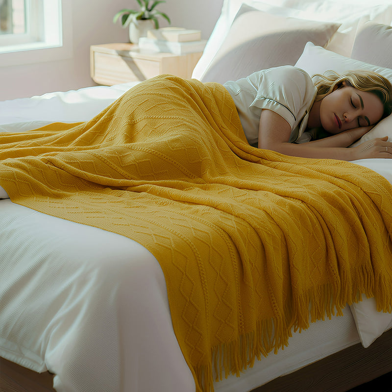 Anycozy Yellow Faux Cashmere Throw Blanket – Diamond Knit Sofa Cover & Home Decor Accent
