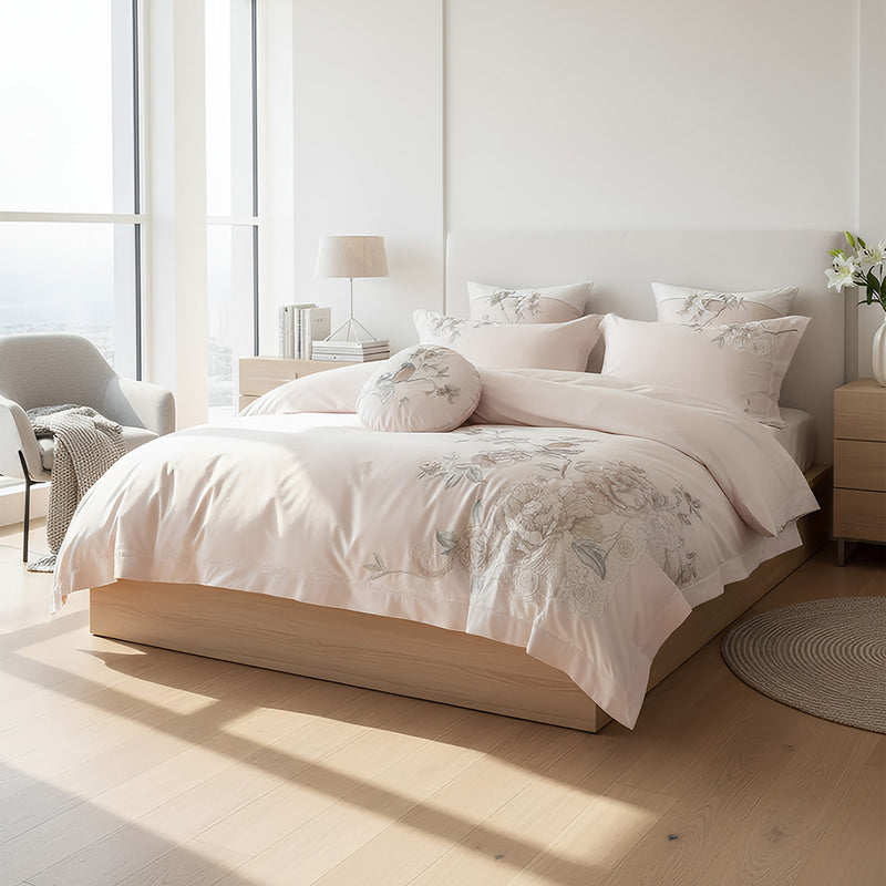 Anycozy Duvet Cover Set Light Pink Flat Bed Sheet Ultra Soft Egyptian Cotton Embroidery Luxury Bedding