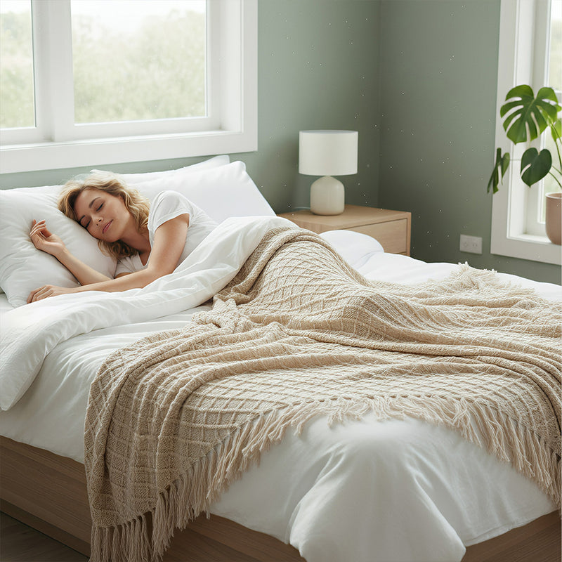 Anycozy Beige Faux Cashmere Throw Blanket Nordic Knit Plaid – Soft Warm Decorative Couch & Bed Cover
