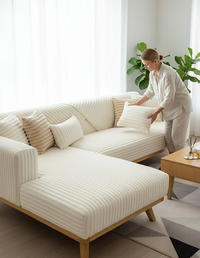 Anyseat Sofa Towel Super Soft Linear Beige Rabbit Plush Quilted Couch Cover L-shaped Sectional Anti-slip Sofa Cover