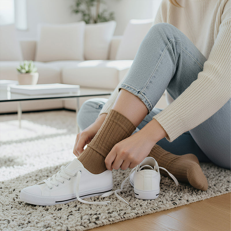 Anyfootwear 5 Pairs One Size 36-43 Khaki Retro Long Knitted Socks Cotton Autumn Winter Solid Color Women Student Girls