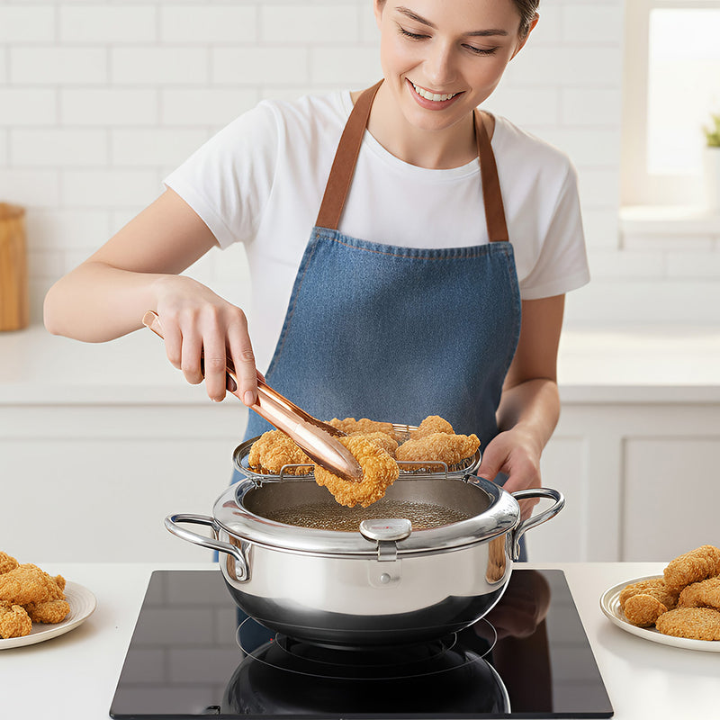 Anygleam Frying Pan Silver Stainless Steel Thermometer Kitchen Utensils Tempura Fryer Pan Temperature Control Fried Cooking Tools