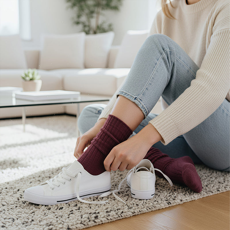 Anyfootwear 5 Pairs One Size 36-43 Purple Retro Long Knitted Socks Cotton Autumn Winter Solid Color Women Student Girls
