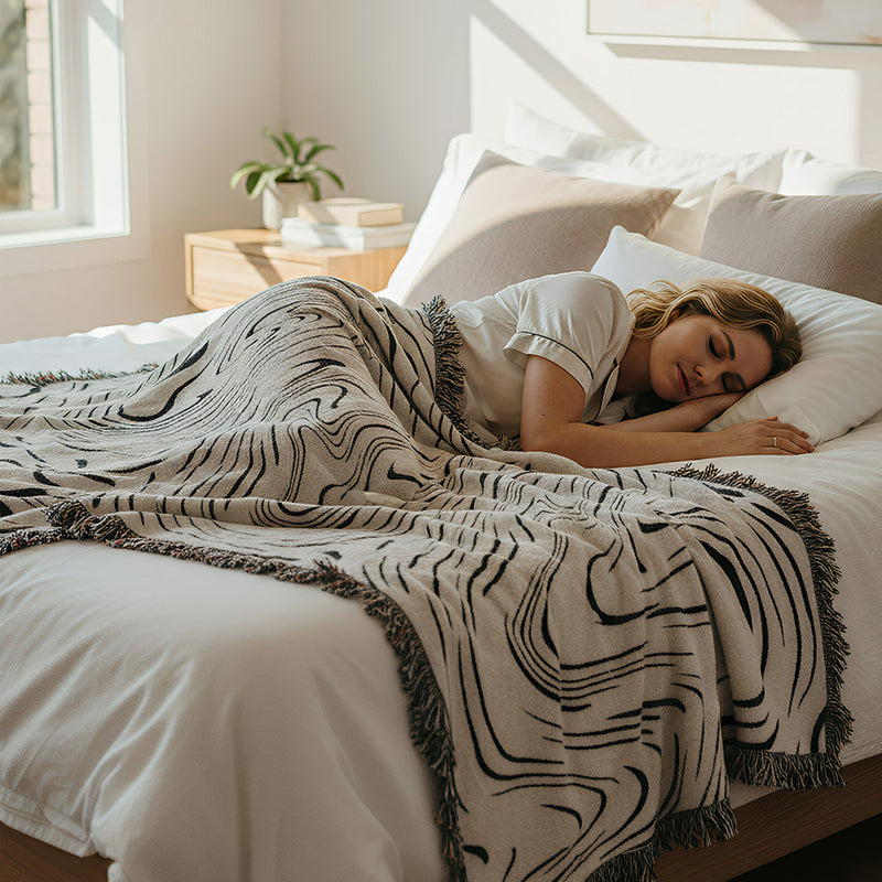 Anycozy Throw Blanket Faux Cashmere Sofa Cover Black Water Waves Pattern Tassel Soft Picnic Camping Mat 130*160cm