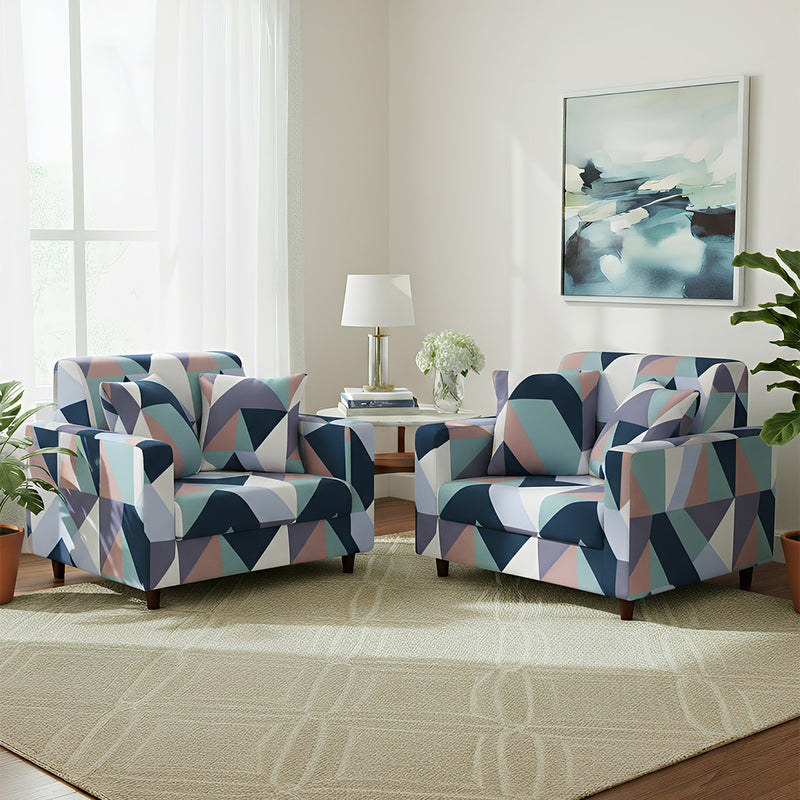 Anyseat 4-Seater Sofa Cover – Blue White Geometric Style Slipcover for Living Room Chair Protection