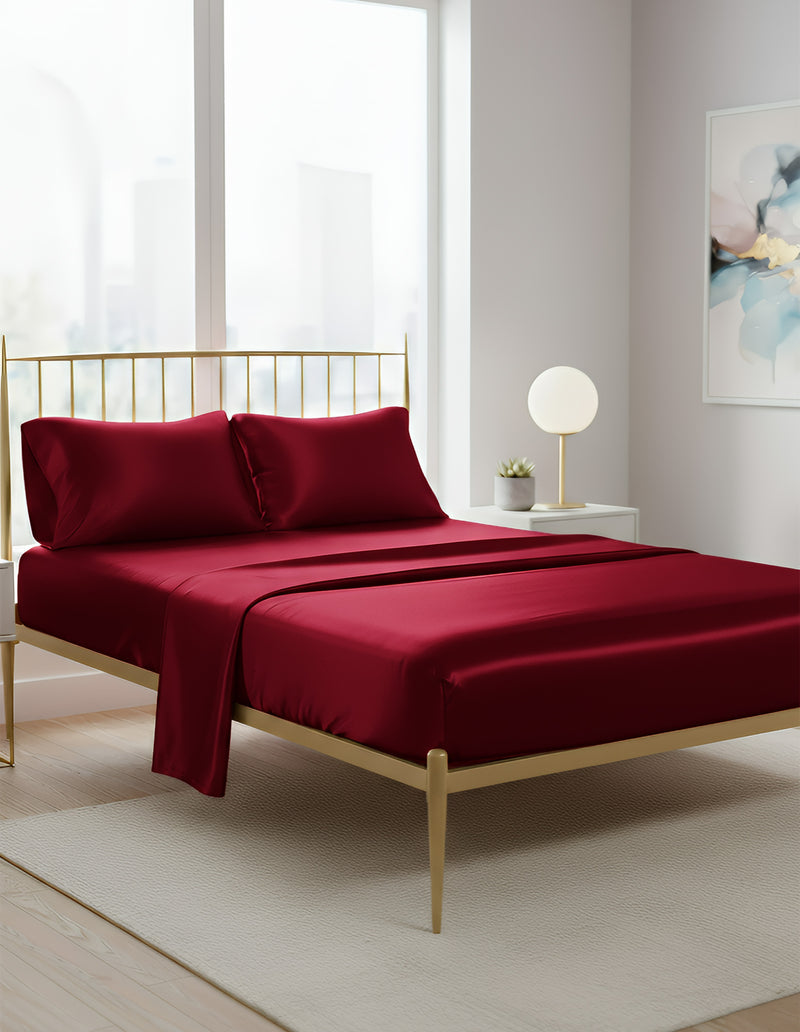 Anycozy Fitted Sheet King Size Winered Luxury Silky Beddings Set with Pillow Cases