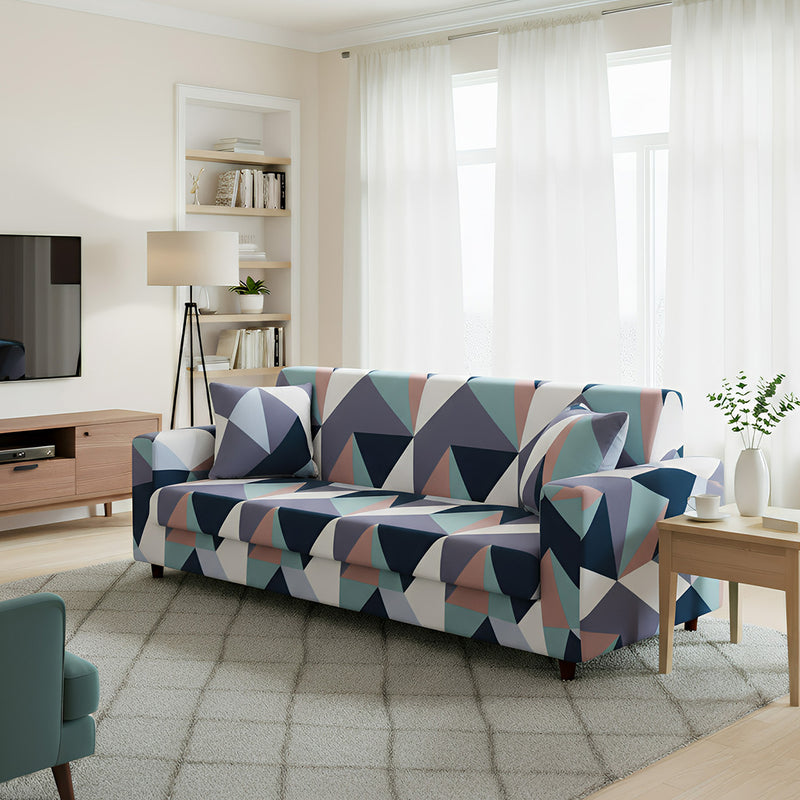 Anyseat 4-Seater Sofa Cover – Blue White Geometric Style Slipcover for Living Room Chair Protection