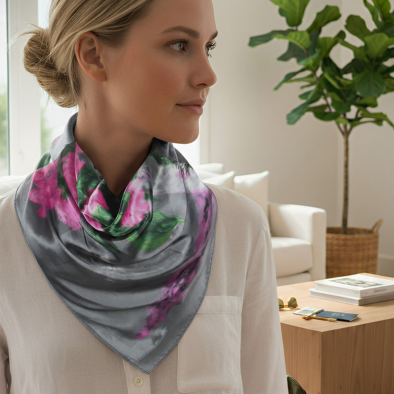Anyyou Fashion Premium Satin Square Scarf – Grey Pink Satin Print Silk-Feel Neckwrap for Women