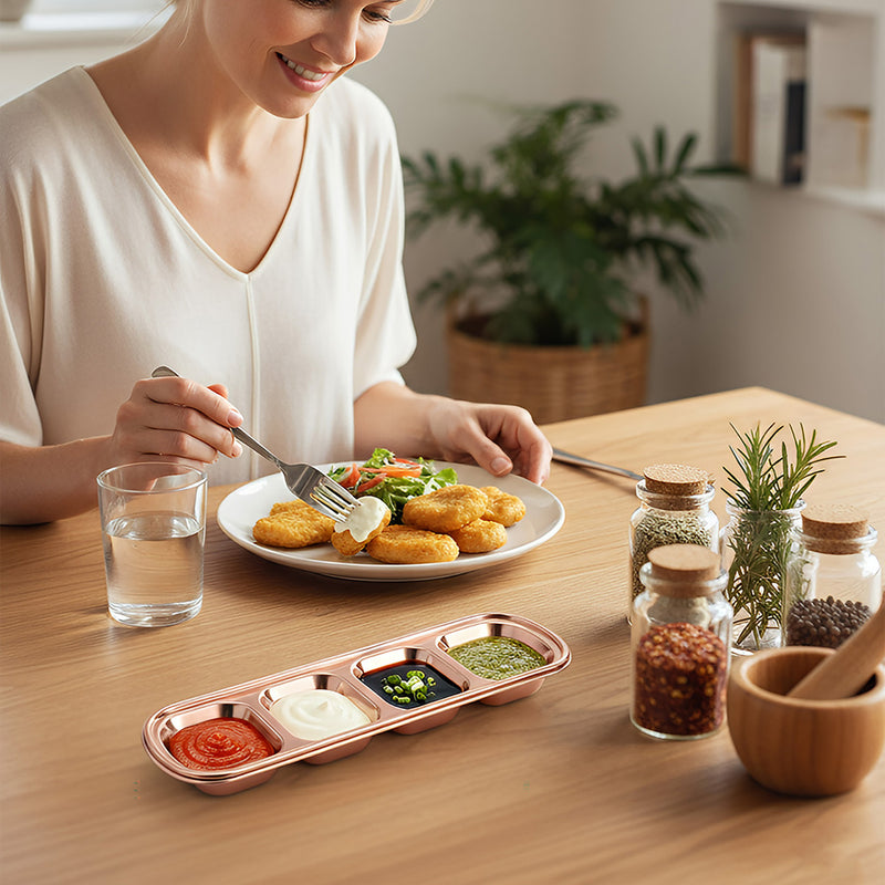 Anygleam Rose Gold Stainless Steel 4-Grid Sauce Dish – Seasoning & Dipping Plates for Kitchenware