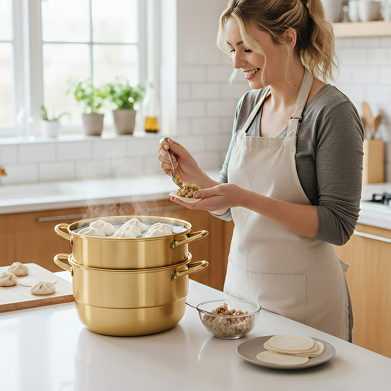 Anygleam Food Steamer Gold Three Layer Thick Stainless Steel Universal Cooking for Induction Cooker Gas Stove Steam Pot