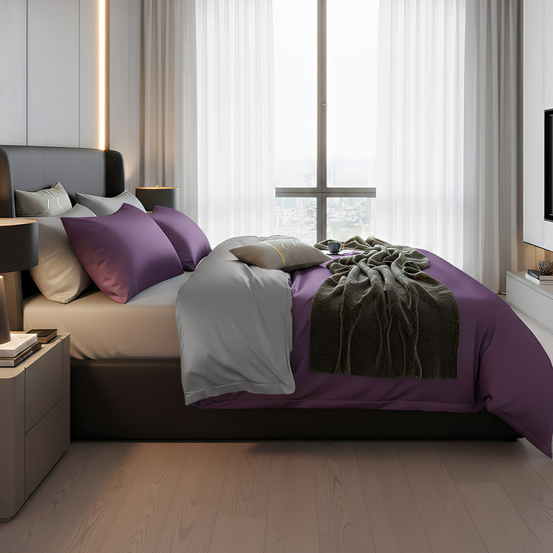 Anycozy Bed Sheet Purple Light Grey Ultra Soft Luxury Egyptian Cotton Bedding Cover UK King Size 4 Pcs Bed Set