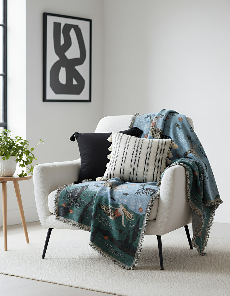 Anycozy Throw Blanket Blue Faux Cashmere Sofa Cover Mermaid Pattern Tassel Soft Picnic Camping Mat 160*260cm