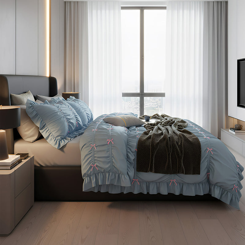 Anycozy Bedding Set Light Blue Ruffle Pleated Duvet Cover Flat Bed Sheet and Pillowcases Bedroom Decor