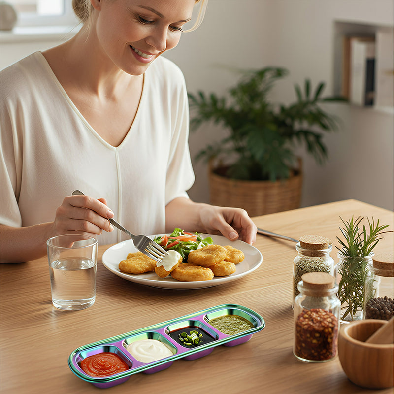 Anygleam Pink Rainbow Stainless Steel 4-Grid Sauce Dish – Seasoning & Dipping Plates for Kitchenware
