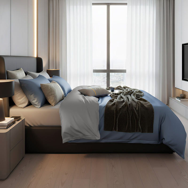 Anycozy Bed Sheet Blue Light Grey Ultra Soft Luxury Egyptian Cotton Bedding Cover UK King Size 4 Pcs Bed Set