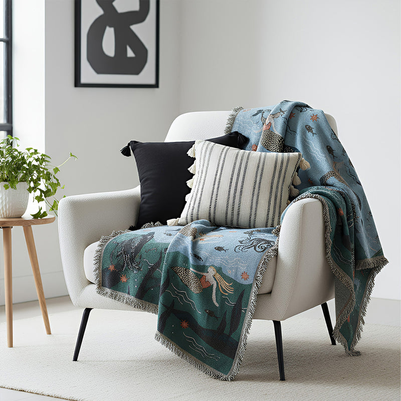 Anycozy Throw Blanket Blue Faux Cashmere Sofa Cover Mermaid Pattern Tassel Soft Picnic Camping Mat130*160cm