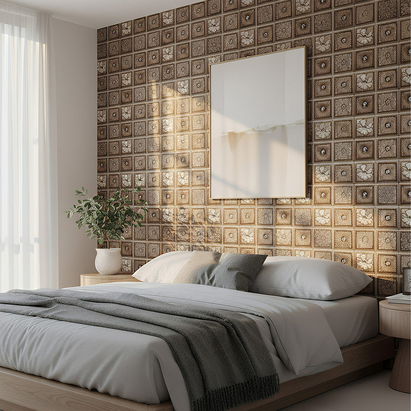 ANYHOUZ 10pcs Vinyl Wall Tile Brown Floral Sun Pattern Waterproof