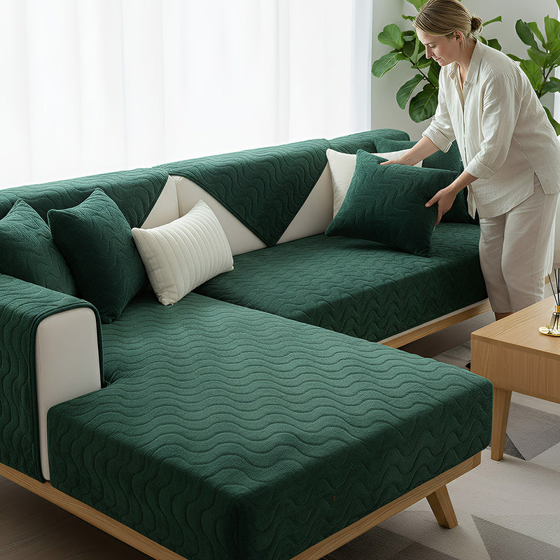 Anyseat Sofa Towel Super Soft Wave Dark Green Rabbit Plush Quilted Couch Cover L-shaped Sectional Anti-slip Sofa Cover