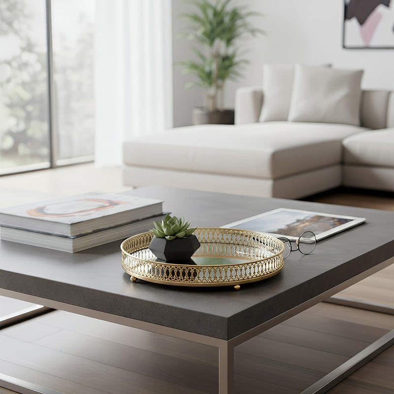 ANYHOUZ 25cm Gold Round Glass Mirror Base Metal Vanity Food Serving Organizer Jewelry Cosmetics Storage Tray with Handle