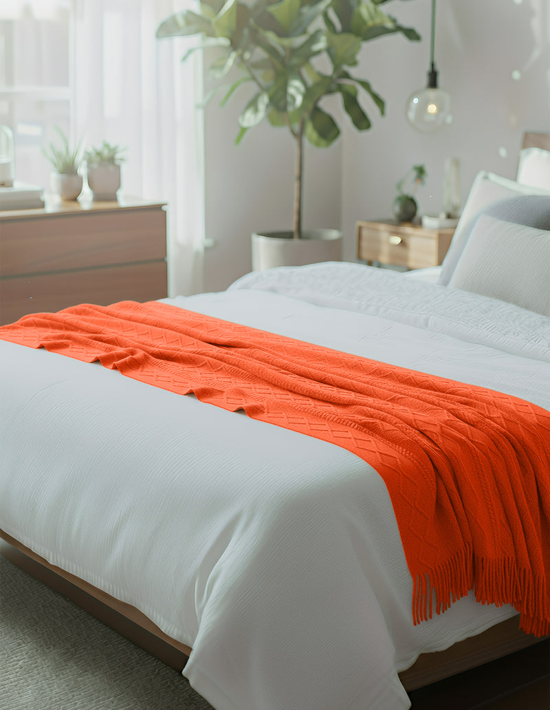 Anycozy Orange Faux Cashmere Throw Blanket Diamond Knit 130x230cm