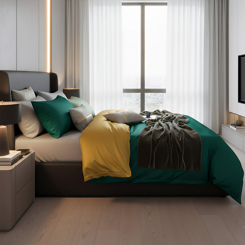 Anycozy Duvet Comforter Set Full Deep Green/ Yellow Egyptian Cotton Thick Blanket Bedspread 4 Pcs Bed Set