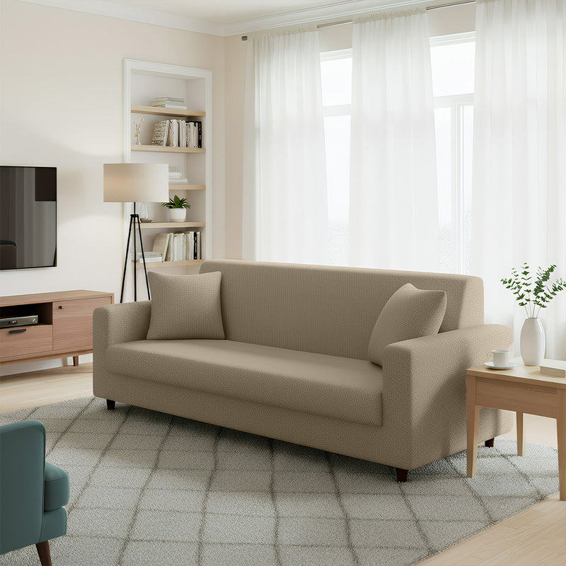 Anyhouz 3 Seater Sofa Cover Plain Beige Style and Protection For Living Room Sofa Chair Elastic Stretchable Slipcover