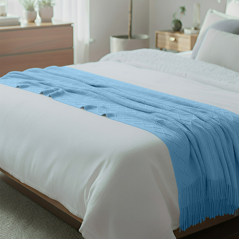 Anycozy Sky Blue Faux Cashmere Throw Blanket Diamond Knit 130x230cm