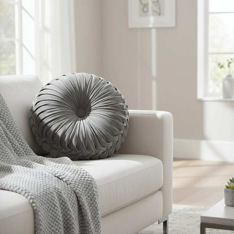 ANYHOUZ Round Pleated Velvet Pillow Soft Cushion Fill