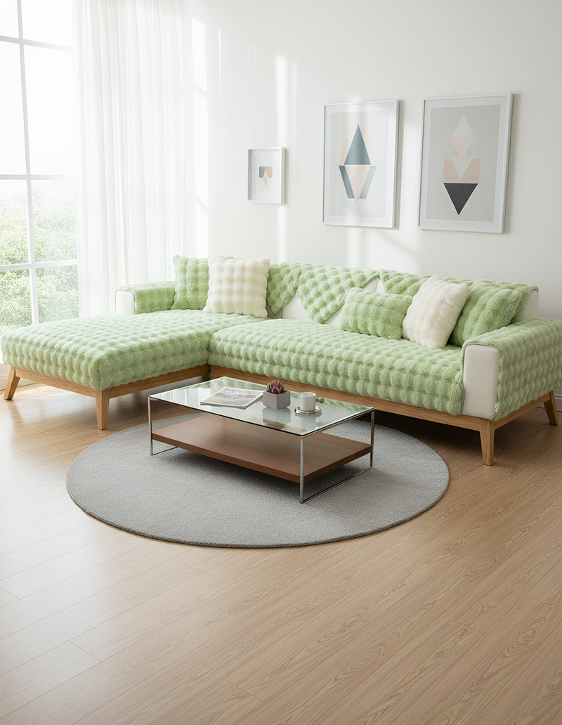 Anyseat Sofa Towel Super Soft Rabbit Plush Light Green Thicken Bubble Velvet Non-slip Sectional Sofa Cover Non-slip L-shaped Couch Cover