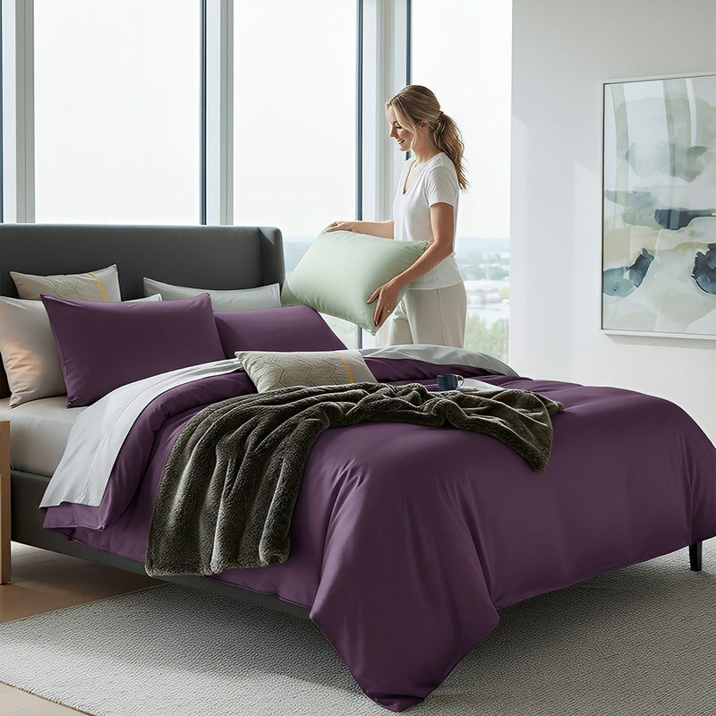 Anycozy Bed Sheet Purple Light Grey Ultra Soft Luxury Egyptian Cotton Bedding Cover UK King Size 4 Pcs Bed Set