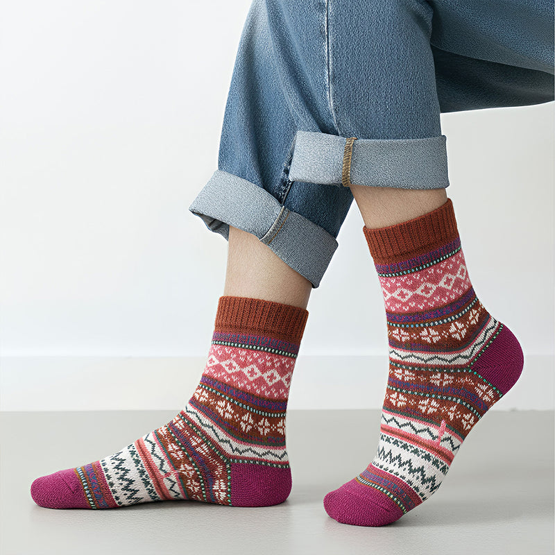 Anyfootwear 5 Pairs Winter Thick Warm Wool Socks – Mix Color Warm & Casual National Wind-Flowers Socks Size 5–9