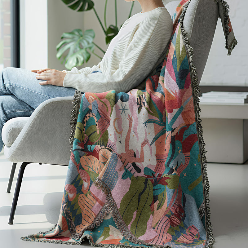 Anycozy Blue Forest Dancer Throw Blanket – Soft Faux Cashmere Sofa & Bed Cover with Tassels