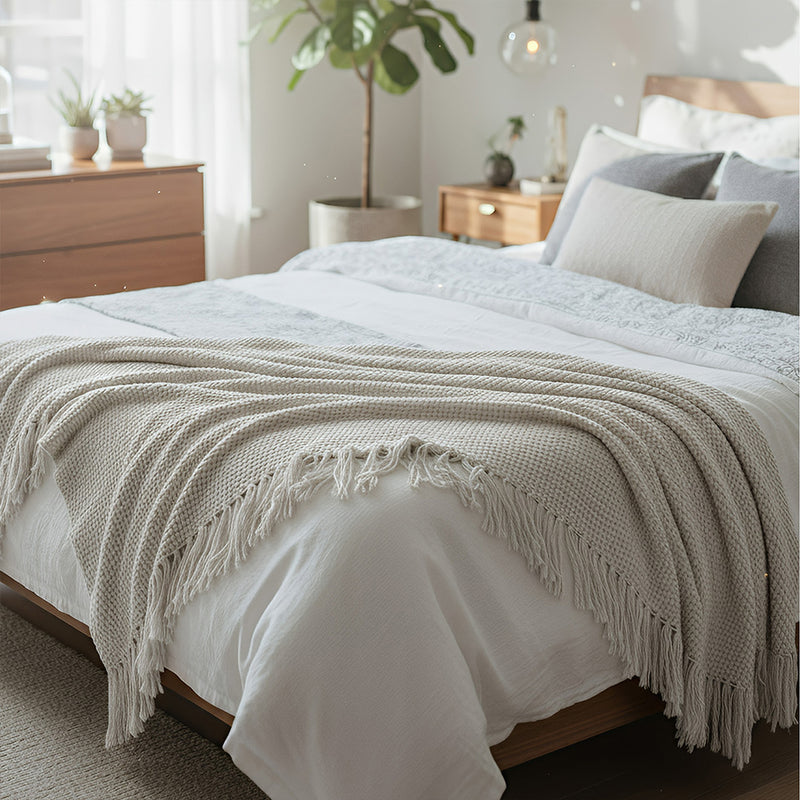 Anycozy White Knitted Waffle Throw Blanket – Soft Tassel Sofa & Bed Cover