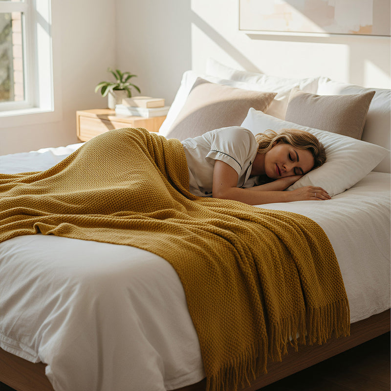 Anycozy Yellow Knitted Waffle Throw Blanket – Soft Tassel Sofa & Bed Cover