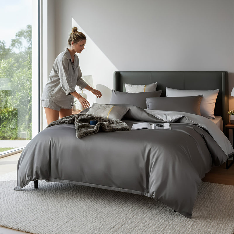 Anycozy Bed Sheet Deep Grey Light Grey Ultra Soft Luxury Egyptian Cotton Bedding Cover UK King Size 4 Pcs Bed Set