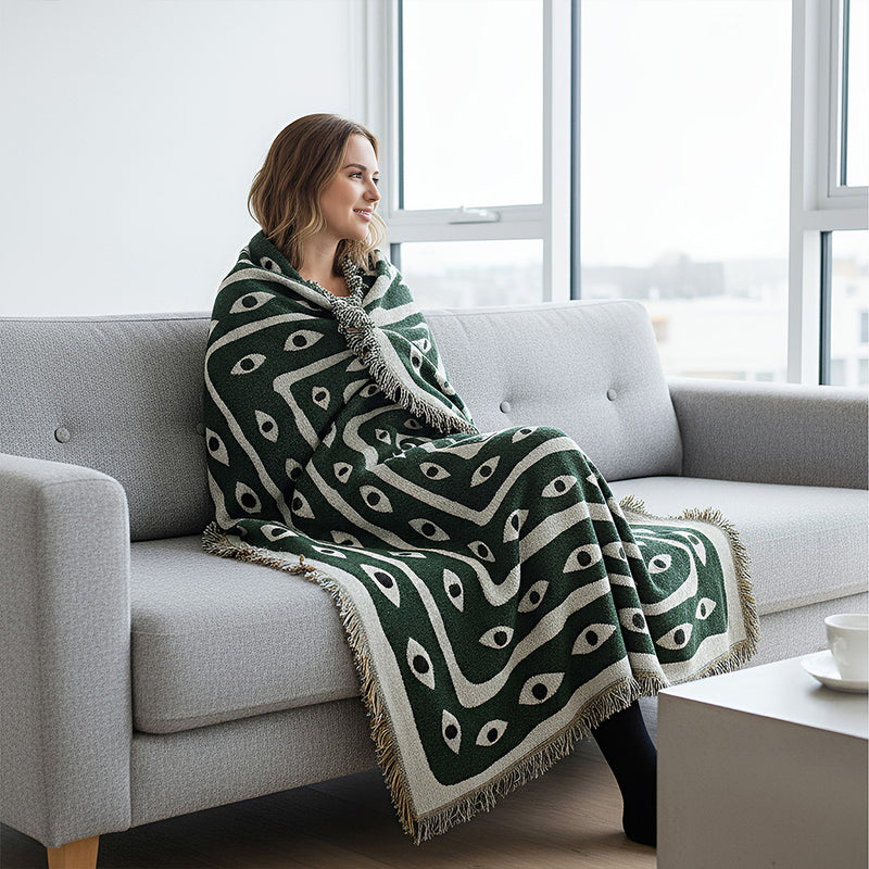 Anycozy Green Eye Snake Knitted Waffle Throw Blanket – Soft Tassel Sofa & Bed Cover