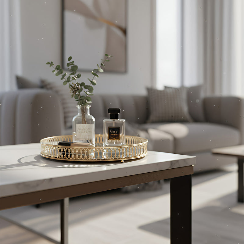 ANYHOUZ 25cm Gold Round Glass Mirror Base Metal Vanity Food Serving Organizer Jewelry Cosmetics Storage Tray with Handle