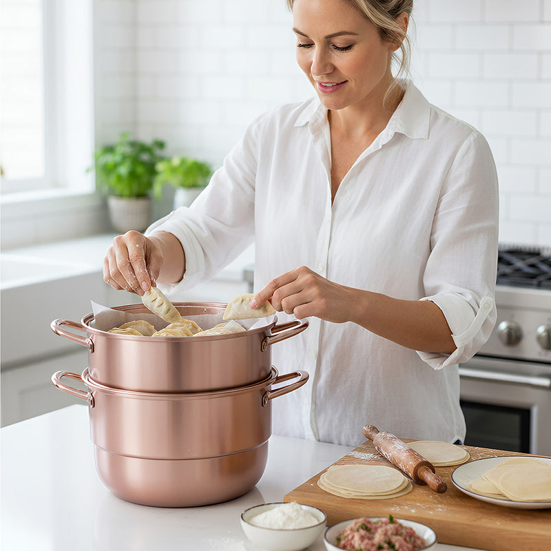 Anygleam Food Steamer Rose Gold Three Layer Thick Stainless Steel Universal Cooking for Induction Cooker Gas Stove Steam Pot
