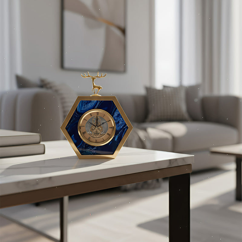 ANYHOUZ 23cm Hexagon Gold Desk Clock with Deer Head Tabletop Home Decor Modern Art Living Room Display House Decorative Crafts Metal Ornaments