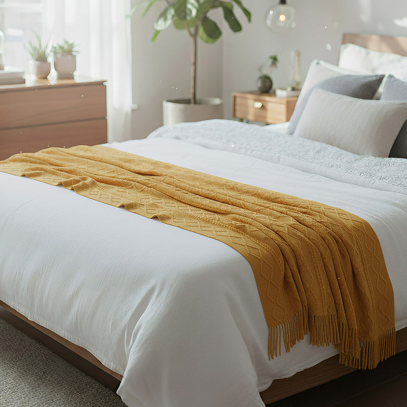 Anycozy Yellow Throw Blanket Knit Plaid Sofa Cover with Tassels 130x230cm