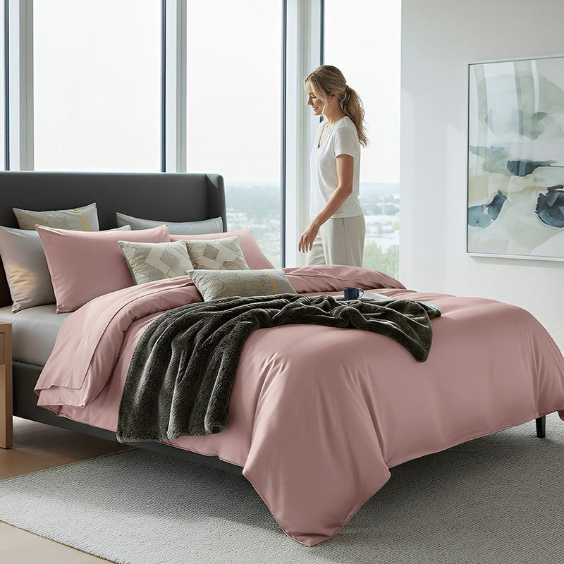 Anycozy Bed Sheet Pink Deep Grey Ultra Soft Luxury Egyptian Cotton Bedding Cover Queen Size 4 Pcs Bed Set