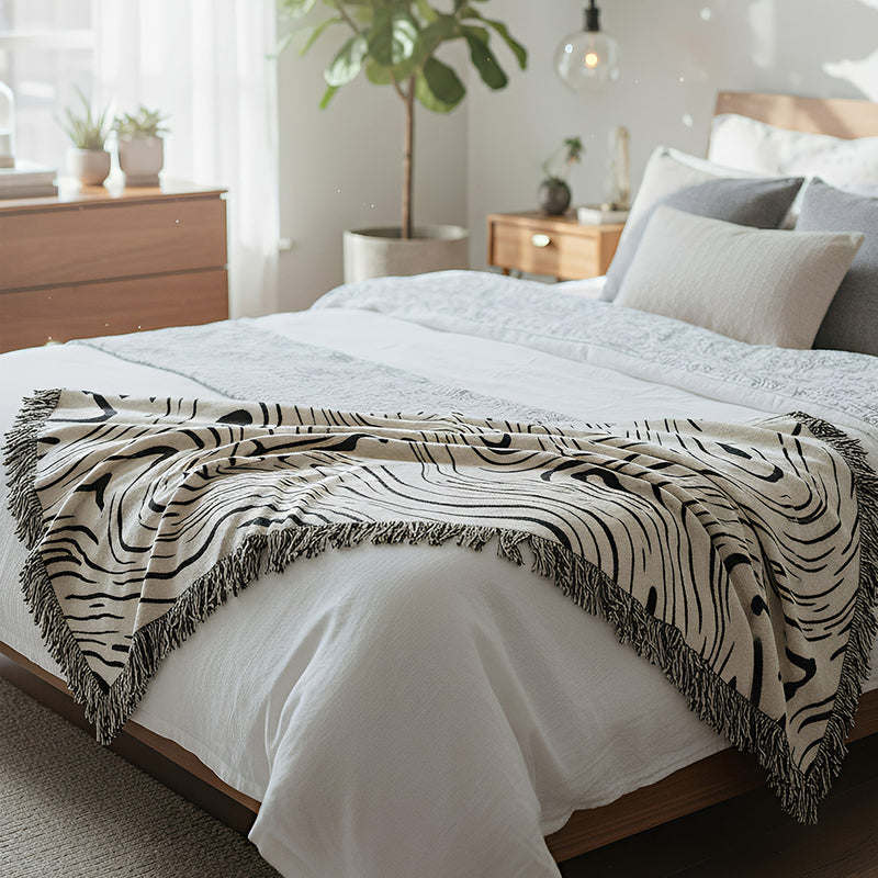 Anycozy Throw Blanket Faux Cashmere Sofa Cover Black Water Waves Pattern Tassel Soft Picnic Camping Mat 130*160cm