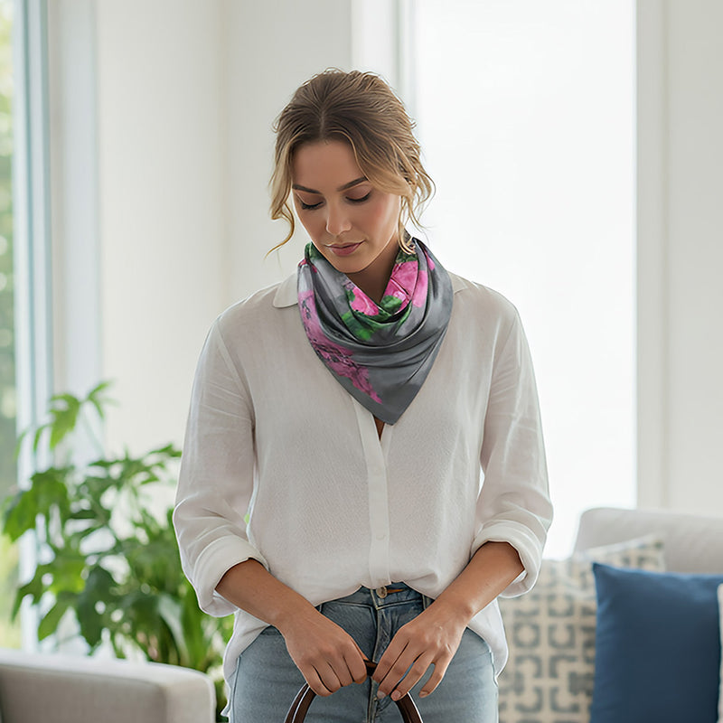 Anyyou Fashion Premium Satin Square Scarf – Grey Pink Satin Print Silk-Feel Neckwrap for Women