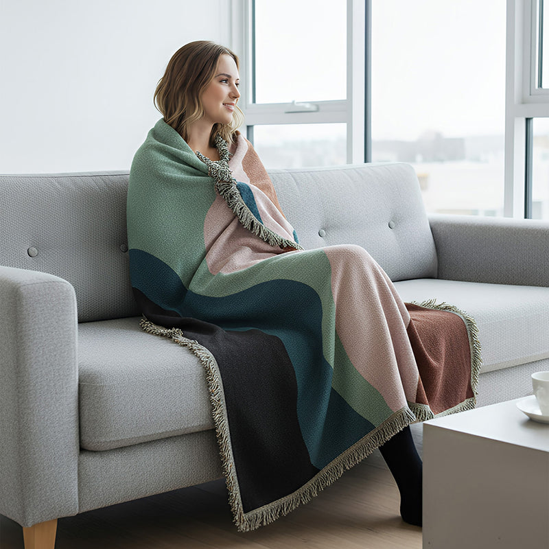 Anycozy Faux Cashmere Throw Blanket – Abstract Rainbow Wave Pattern Sofa Cover with Tassels, Soft Home Decor Accent