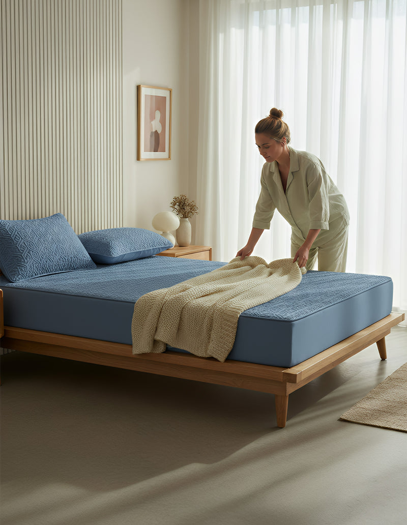 Anycozy Mattress Cover Blue 100x200cm Pure Cotton Soft Quilted Bed Sheet Anti-bacterial Protector Cover