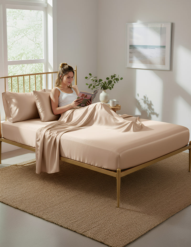 Anycozy Fitted Sheet 180x200cm Camel Luxury Silky Beddings Set with Pillow Cases